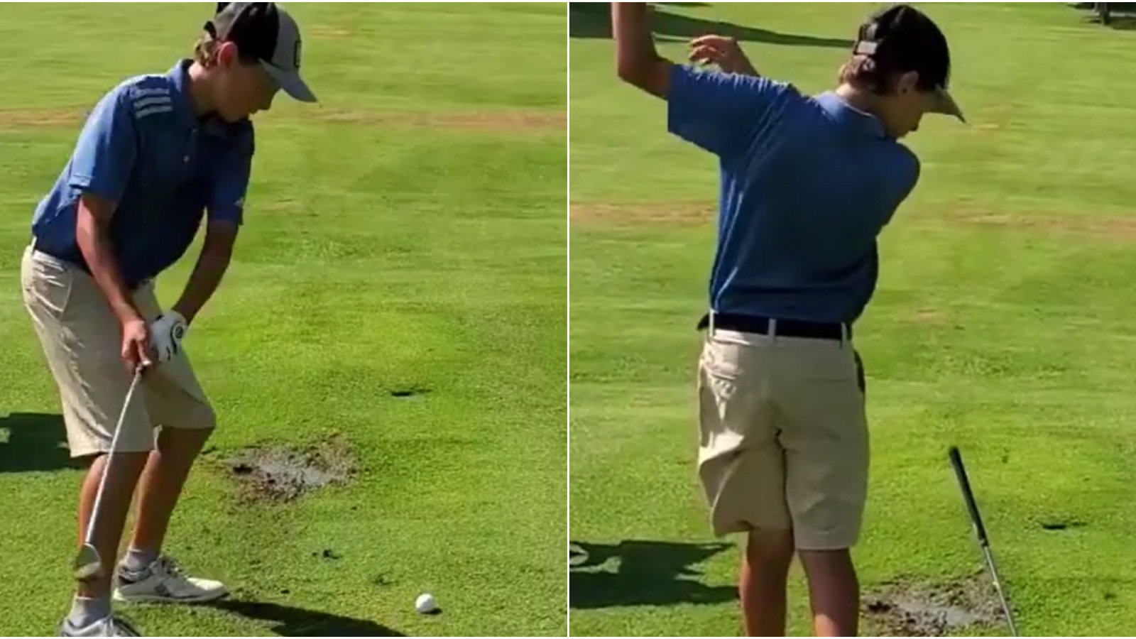 Junior golfer catches one shot so heavy the club gets WEDGED into the fairway